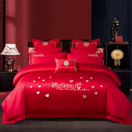 91家纺网 家纺一手货源 找家纺 博之洋婚庆 新款全棉绣花婚庆四件套 遇见爱