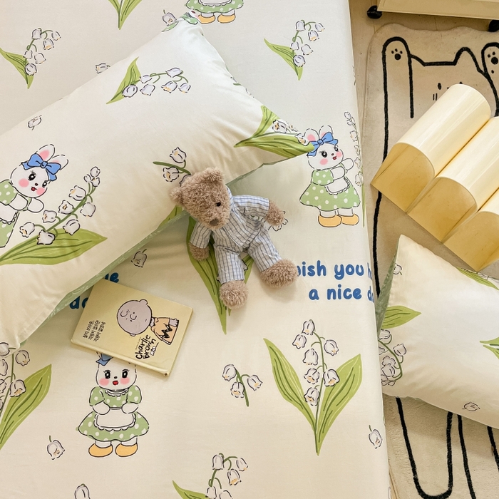 91家纺网 家纺一手货源 找家纺 2023新款全棉印花小清新系列-单枕套 铃兰兔