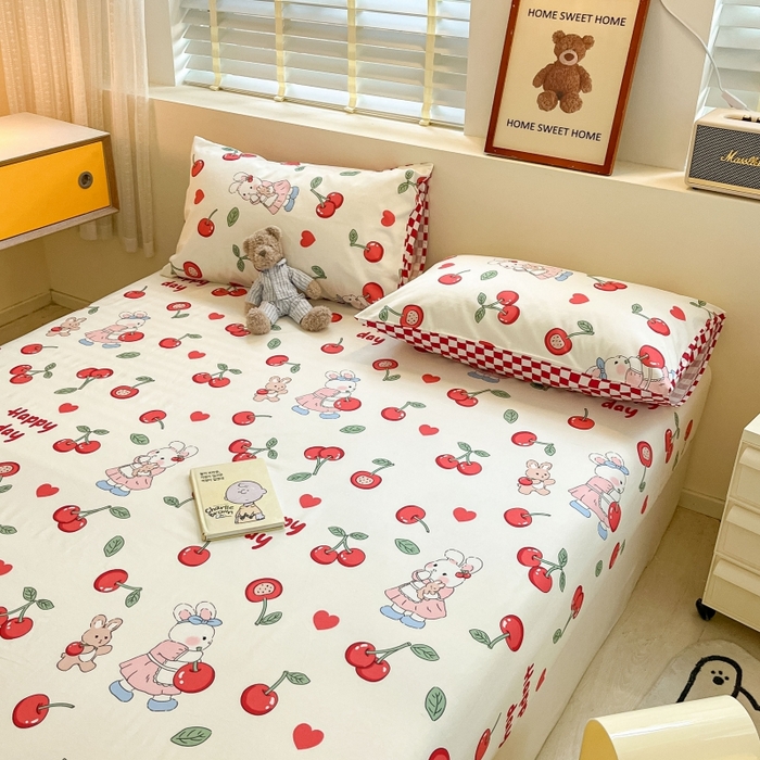 91家纺网 家纺一手货源 找家纺 2023年新款全棉印花单品系列-单床笠 樱桃兔