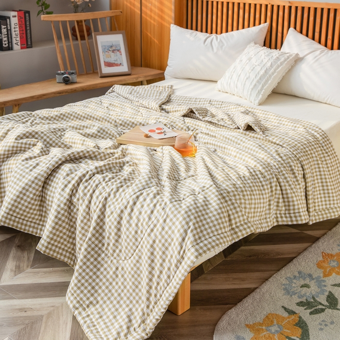 91家纺网 家纺一手货源 找家纺 久云居 2024新款水洗棉新疆棉花被格纹夏被 绿小格