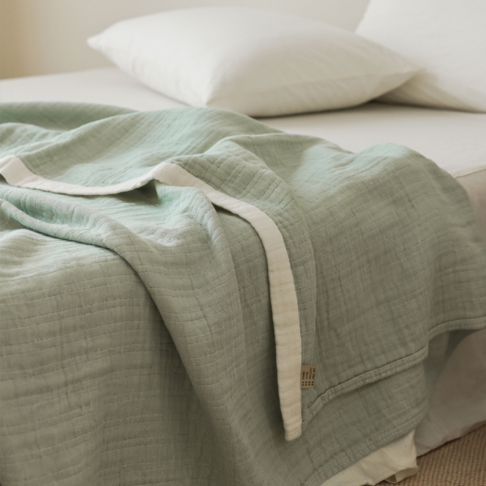 91家纺网 家纺一手货源 找家纺 朴尔 2023新款全棉80支四层纱布毛巾被 宽边-绿