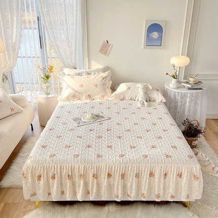91家纺网 家纺一手货源 找家纺 忘忧草2023新款全棉床笠式床裙夹棉款床笠四件套 花簇-米