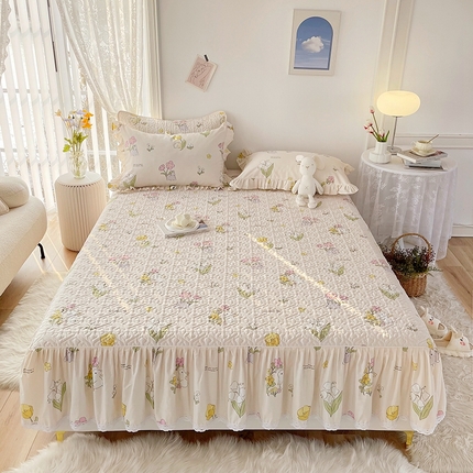 91家纺网 家纺一手货源 找家纺 忘忧草2023新款全棉床笠式床裙夹棉款床笠四件套 园林兔-玉