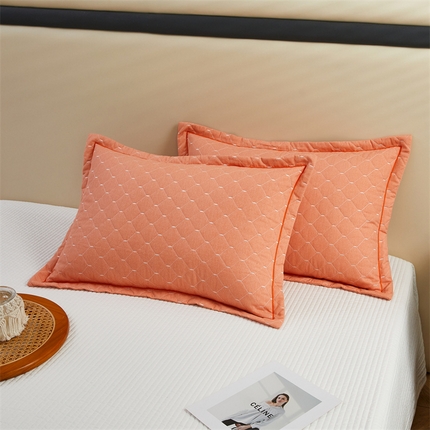 杜先生 2023新款纯色活性磨毛全棉刺绣夹棉枕套一对 米粒橘黄