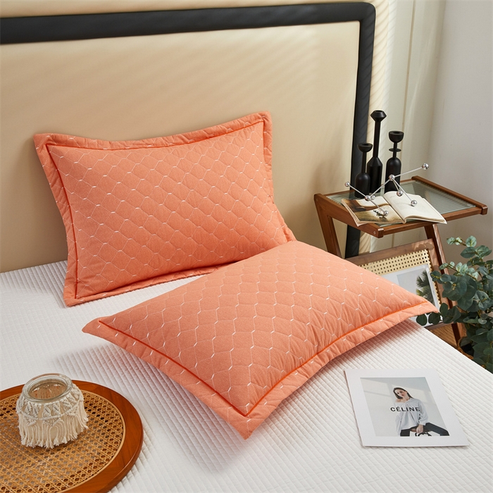 91家纺网 家纺一手货源 找家纺 杜先生 2023新款纯色活性磨毛全棉刺绣夹棉枕套一对 米粒橘黄