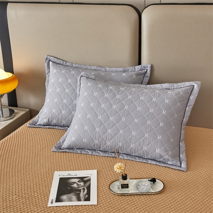 91家纺网 家纺一手货源 找家纺 杜先生 2023新款纯色活性磨毛全棉刺绣夹棉枕套一对 字母浅灰