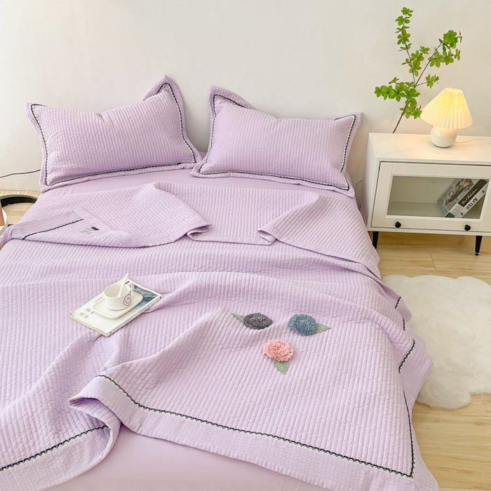 91家纺网 家纺一手货源 找家纺 乐卧 2026新款雅韵蕾丝花边手工花卉夏凉被四件套 兰花色-有花版