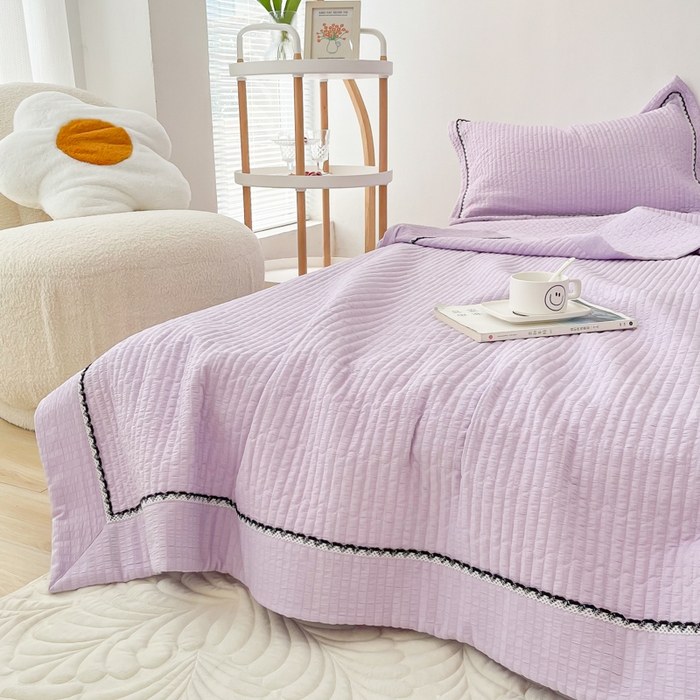 91家纺网 家纺一手货源 找家纺 乐卧 2026新款雅韵蕾丝花边手工花卉夏凉被四件套 兰花色-有花版