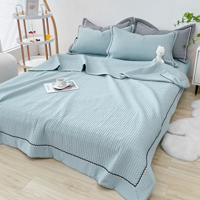 91家纺网 家纺一手货源 找家纺 乐卧  2026新款雅韵蕾丝花边手工花卉夏凉被四件套 海盐蓝-简版