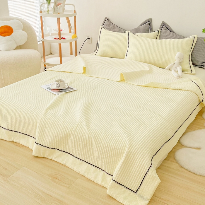 91家纺网 家纺一手货源 找家纺 乐卧  2026新款雅韵蕾丝花边手工花卉夏凉被四件套 黄油色-简版