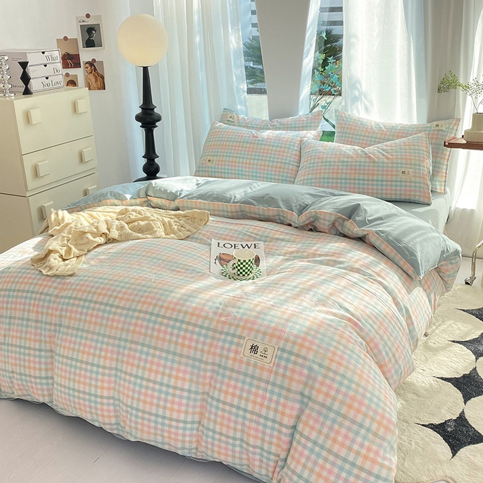 91家纺网 家纺一手货源 找家纺 总 云家2023新款无印风色织全棉纯棉水洗棉系列四件套纯色格子