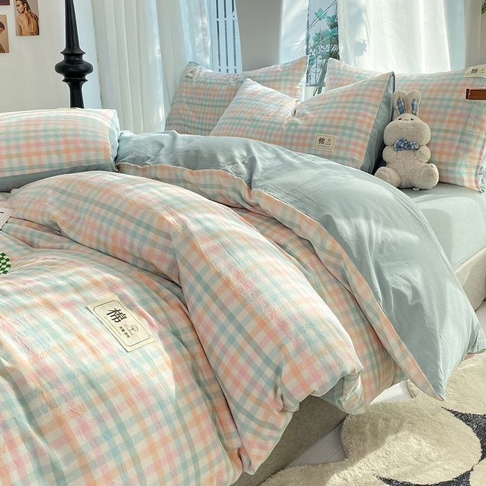 91家纺网 家纺一手货源 找家纺 总 云家2023新款无印风色织全棉纯棉水洗棉系列四件套纯色格子