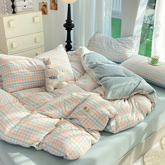 91家纺网 家纺一手货源 找家纺 总 云家2023新款无印风色织全棉纯棉水洗棉系列四件套纯色格子