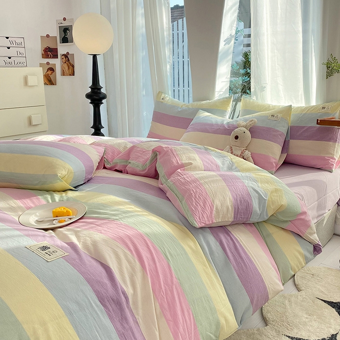 91家纺网 家纺一手货源 找家纺 云家2023无印风色织全棉纯棉水洗棉系列四件套纯色格子 彩虹糖