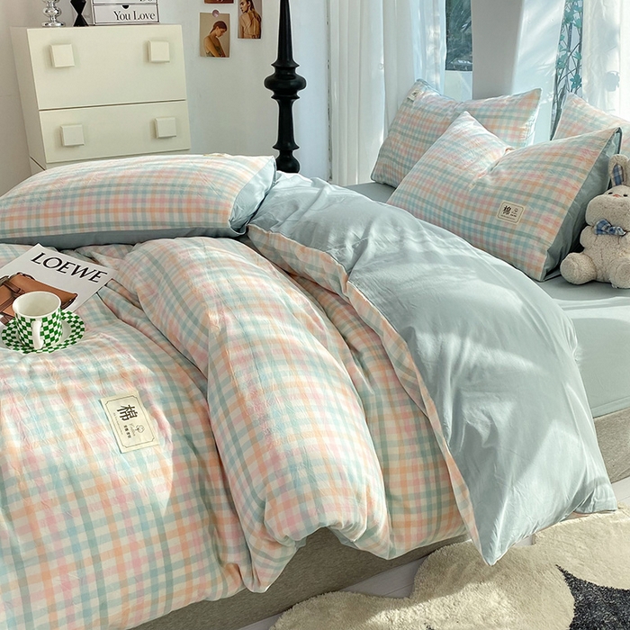 91家纺网 家纺一手货源 找家纺 云家2023无印风色织全棉纯棉水洗棉系列四件套纯色格子 冰激凌绿