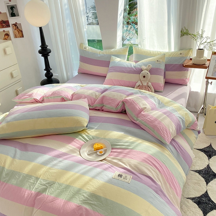 91家纺网 家纺一手货源 找家纺 云家2023无印风色织全棉纯棉水洗棉系列四件套纯色格子 彩虹糖