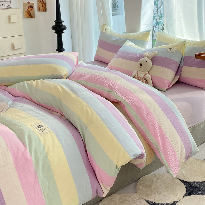 91家纺网 家纺一手货源 找家纺 云家2023无印风色织全棉纯棉水洗棉系列四件套纯色格子 彩虹糖