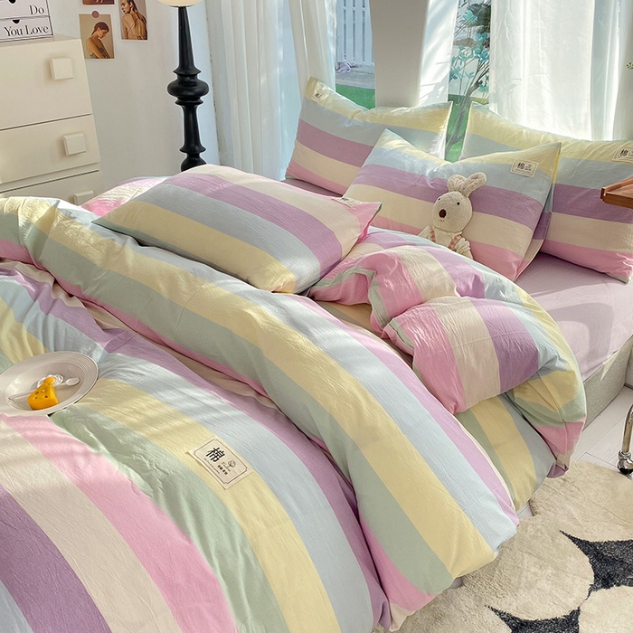 91家纺网 家纺一手货源 找家纺 云家2023无印风色织全棉纯棉水洗棉系列四件套纯色格子 彩虹糖