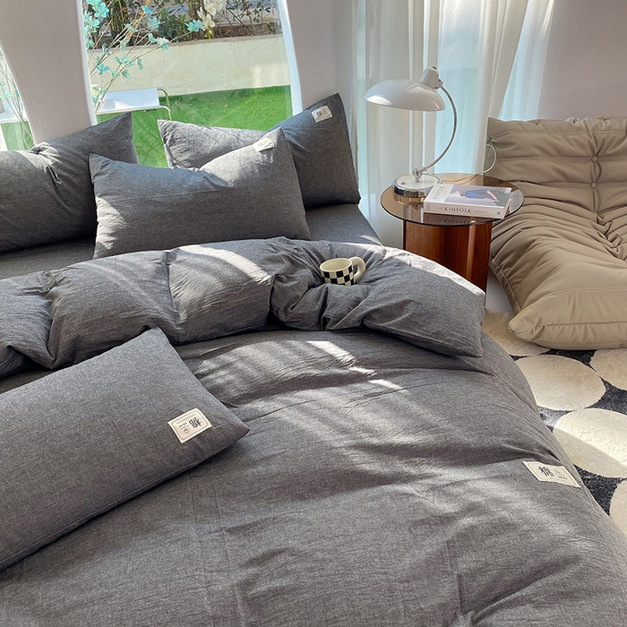 91家纺网 家纺一手货源 找家纺 云家2023无印风色织全棉纯棉水洗棉系列四件套纯色格子 低调灰