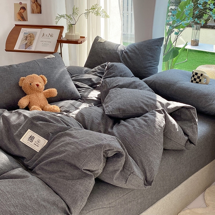 91家纺网 家纺一手货源 找家纺 云家2023无印风色织全棉纯棉水洗棉系列四件套纯色格子 低调灰