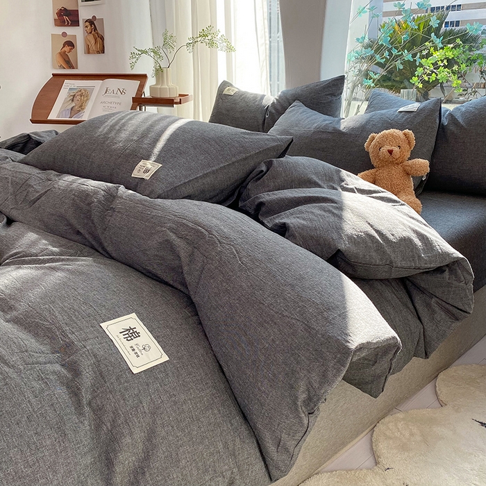 91家纺网 家纺一手货源 找家纺 云家2023无印风色织全棉纯棉水洗棉系列四件套纯色格子 低调灰