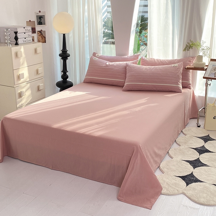 91家纺网 家纺一手货源 找家纺 云家2023无印风色织全棉纯棉水洗棉系列四件套纯色格子 豆蔻粉