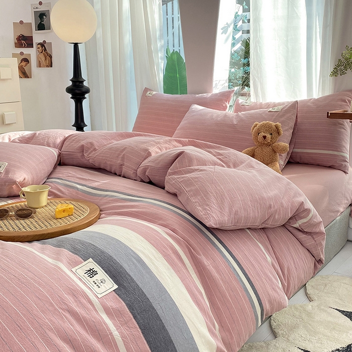 91家纺网 家纺一手货源 找家纺 云家2023无印风色织全棉纯棉水洗棉系列四件套纯色格子 豆蔻粉