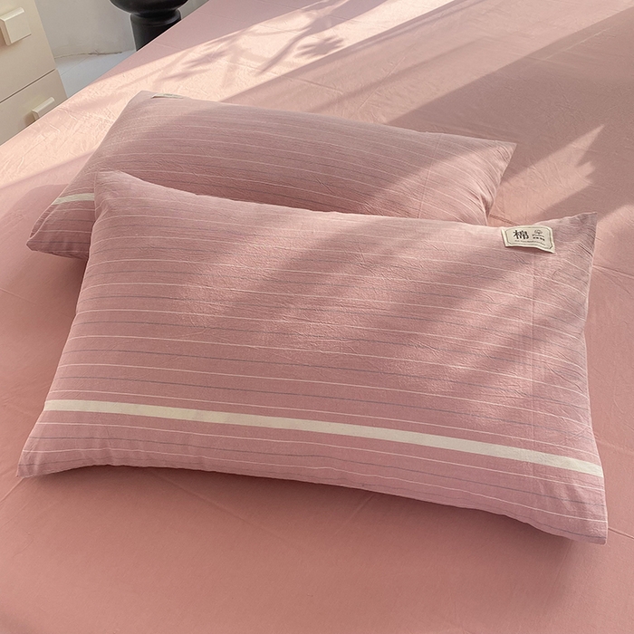 91家纺网 家纺一手货源 找家纺 云家2023无印风色织全棉纯棉水洗棉系列四件套纯色格子 豆蔻粉