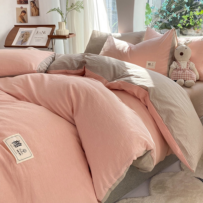 91家纺网 家纺一手货源 找家纺 云家2023无印风色织全棉纯棉水洗棉系列四件套纯色格子 豆沙-米灰双拼