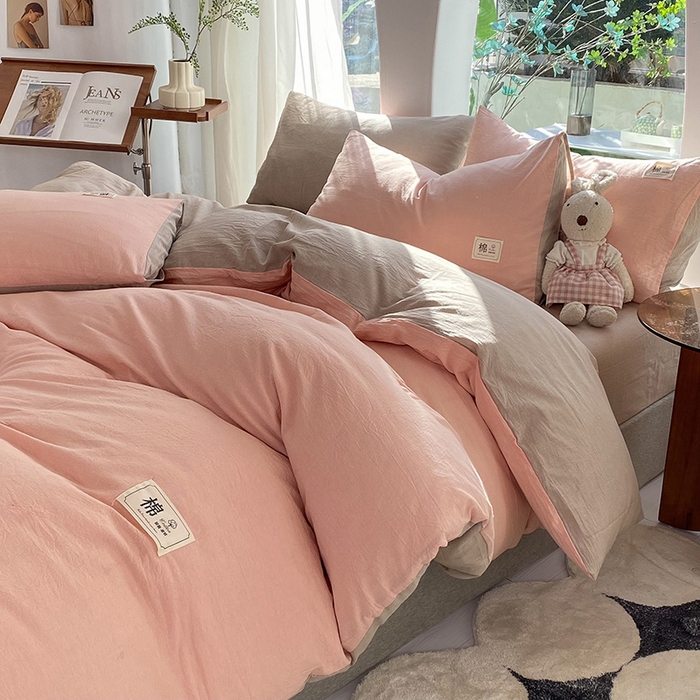 91家纺网 家纺一手货源 找家纺 云家2023无印风色织全棉纯棉水洗棉系列四件套纯色格子 豆沙-米灰双拼