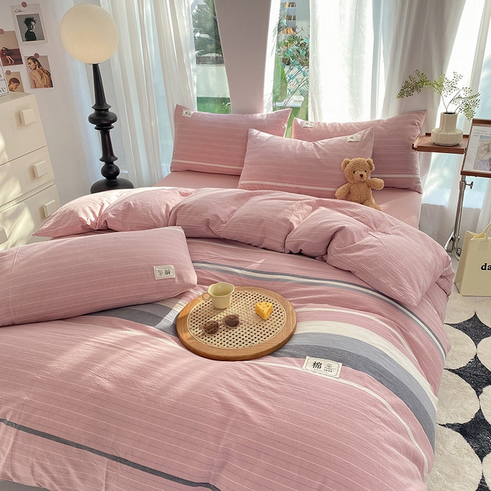 91家纺网 家纺一手货源 找家纺 云家2023无印风色织全棉纯棉水洗棉系列四件套纯色格子 豆蔻粉