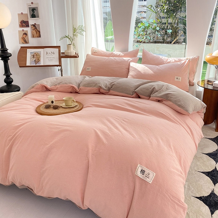 91家纺网 家纺一手货源 找家纺 云家2023无印风色织全棉纯棉水洗棉系列四件套纯色格子 豆沙-米灰双拼