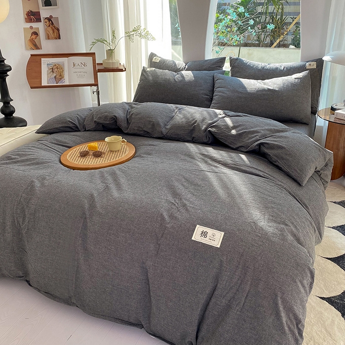 91家纺网 家纺一手货源 找家纺 云家2023无印风色织全棉纯棉水洗棉系列四件套纯色格子 低调灰