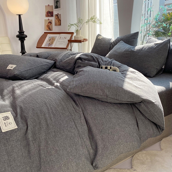 91家纺网 家纺一手货源 找家纺 云家2023无印风色织全棉纯棉水洗棉系列四件套纯色格子 低调灰