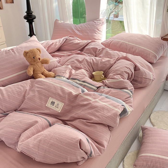 91家纺网 家纺一手货源 找家纺 云家2023无印风色织全棉纯棉水洗棉系列四件套纯色格子 豆蔻粉