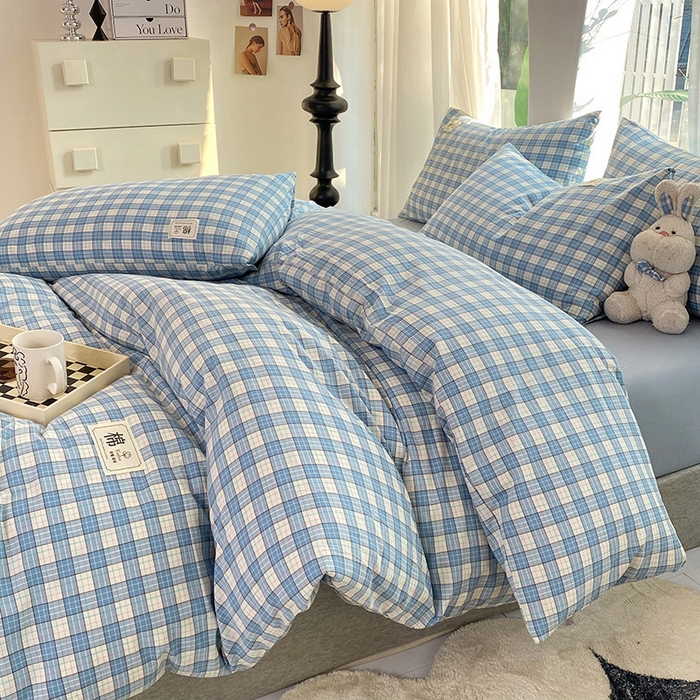 91家纺网 家纺一手货源 找家纺 云家2023无印风色织全棉纯棉水洗棉系列四件套纯色格子 法尔曼蓝