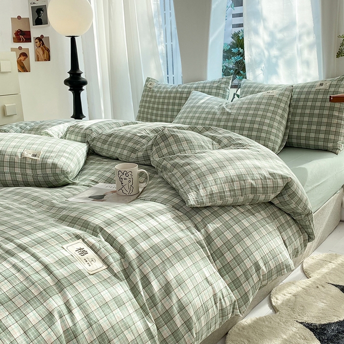 91家纺网 家纺一手货源 找家纺 云家2023无印风色织全棉纯棉水洗棉系列四件套纯色格子 法尔曼绿