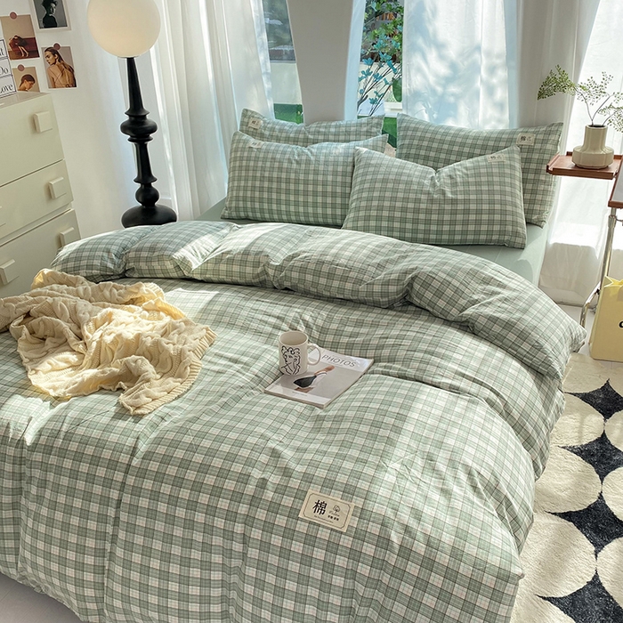 91家纺网 家纺一手货源 找家纺 云家2023无印风色织全棉纯棉水洗棉系列四件套纯色格子 豆沙-米灰双拼