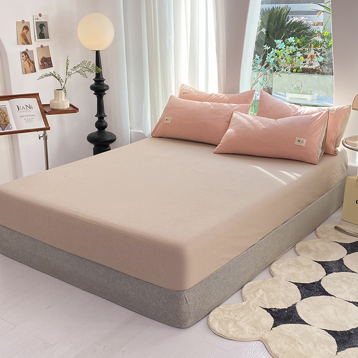 91家纺网 家纺一手货源 找家纺 云家2023无印风色织全棉纯棉水洗棉系列四件套纯色格子 豆沙-米灰双拼