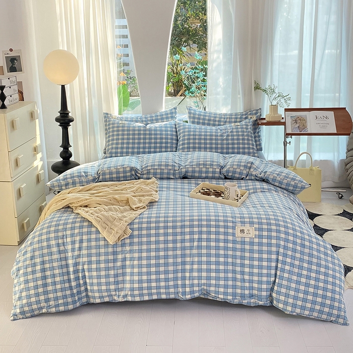 91家纺网 家纺一手货源 找家纺 云家2023无印风色织全棉纯棉水洗棉系列四件套纯色格子 法尔曼蓝