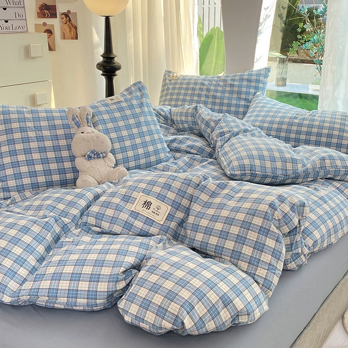 91家纺网 家纺一手货源 找家纺 云家2023无印风色织全棉纯棉水洗棉系列四件套纯色格子 法尔曼蓝