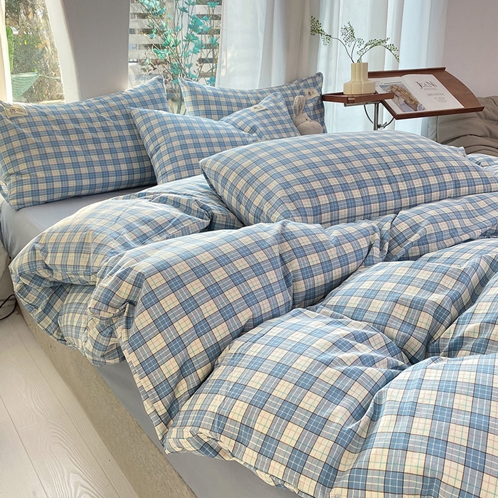 91家纺网 家纺一手货源 找家纺 云家2023无印风色织全棉纯棉水洗棉系列四件套纯色格子 法尔曼蓝