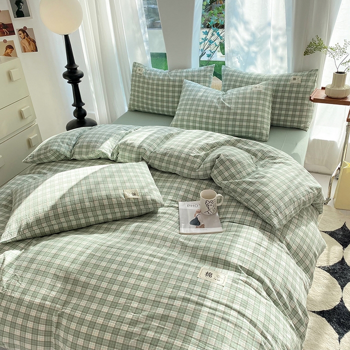 91家纺网 家纺一手货源 找家纺 云家2023无印风色织全棉纯棉水洗棉系列四件套纯色格子 法尔曼绿