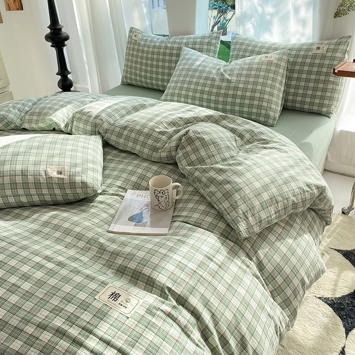 91家纺网 家纺一手货源 找家纺 云家2023无印风色织全棉纯棉水洗棉系列四件套纯色格子 法尔曼绿