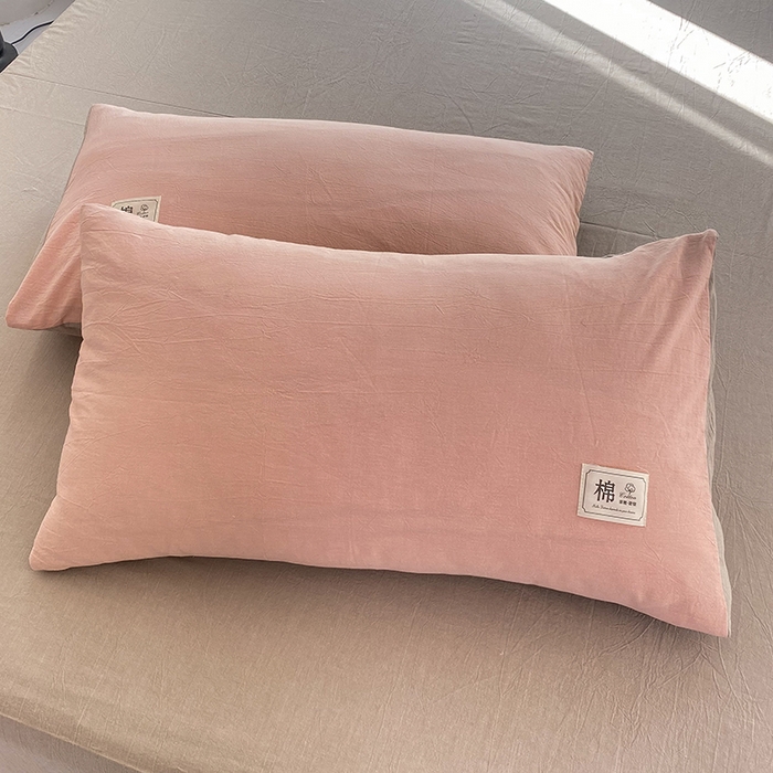 91家纺网 家纺一手货源 找家纺 云家2023无印风色织全棉纯棉水洗棉系列四件套纯色格子 豆沙-米灰双拼