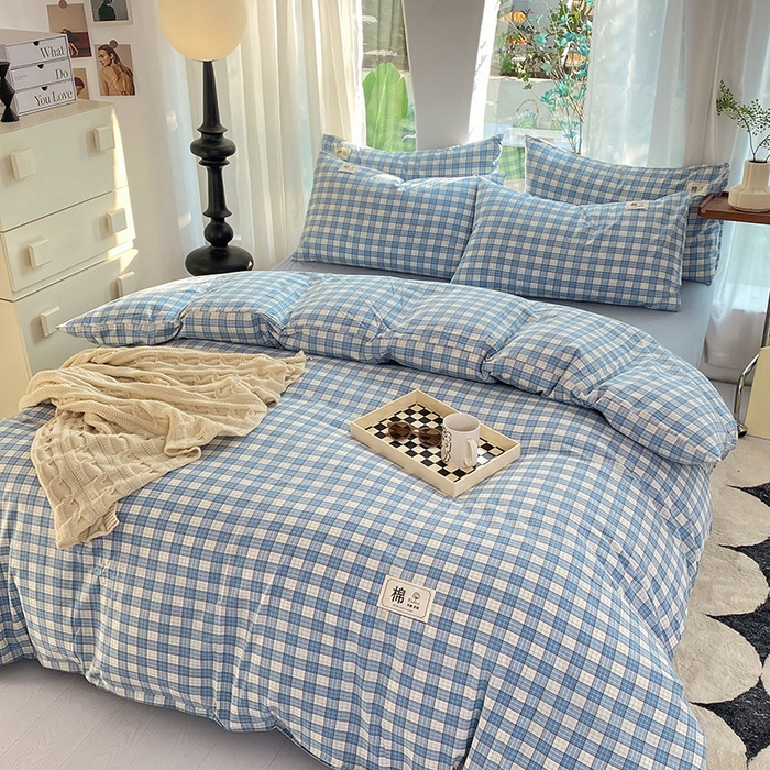 91家纺网 家纺一手货源 找家纺 云家2023无印风色织全棉纯棉水洗棉系列四件套纯色格子 法尔曼蓝