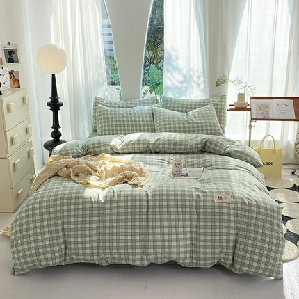 云家2023无印风色织全棉纯棉水洗棉系列四件套纯色格子 法尔曼绿