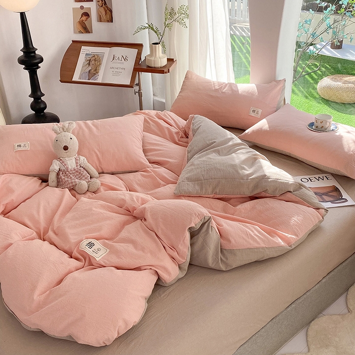 91家纺网 家纺一手货源 找家纺 云家2023无印风色织全棉纯棉水洗棉系列四件套纯色格子 豆沙-米灰双拼