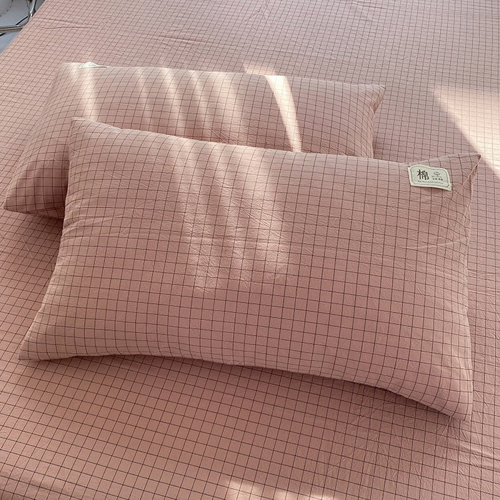 91家纺网 家纺一手货源 找家纺 云家2023无印风色织全棉纯棉水洗棉系列四件套纯色格子 粉小格