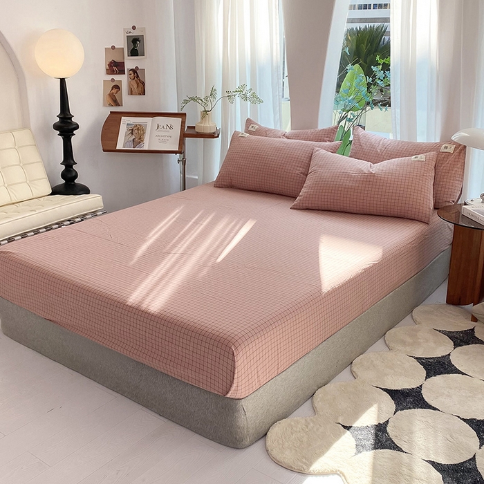 91家纺网 家纺一手货源 找家纺 云家2023无印风色织全棉纯棉水洗棉系列四件套纯色格子 粉小格